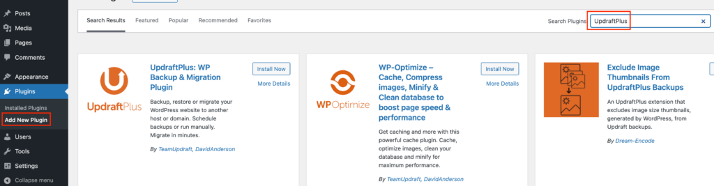 WordPress Add New Plugin Dashboard and search UpdraftPlus Plugin in Searchbar